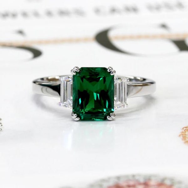 Emerald Ring, Rings For Women, 2.5Ct Radiant Cut Emerald, Sterling Silver Wedding Ring, Engagement Ring, Anniversary Promise Ring, Gold Ring