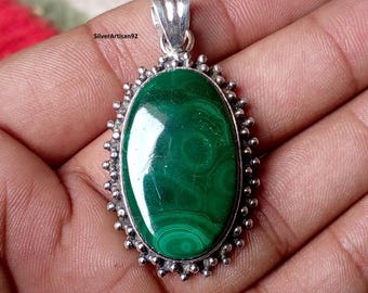 Handmade 925 Sterling Silver Malachite Pendant, Natural Gemstone