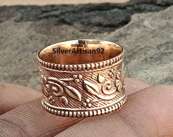 Anillo de cobre macizo hecho a mano: banda floral