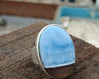 Owyhee Blue Opal Ring, 925 Sterling Silver, Oval Statement Jewelry