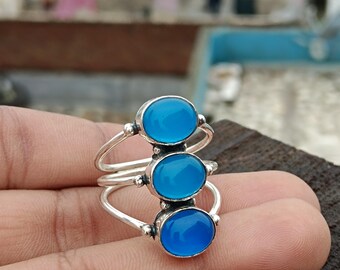 Blauer Chalcedon Edelstein, 925 Sterling Silber, handgemachter Schmuck, Statement, Verlobungsring