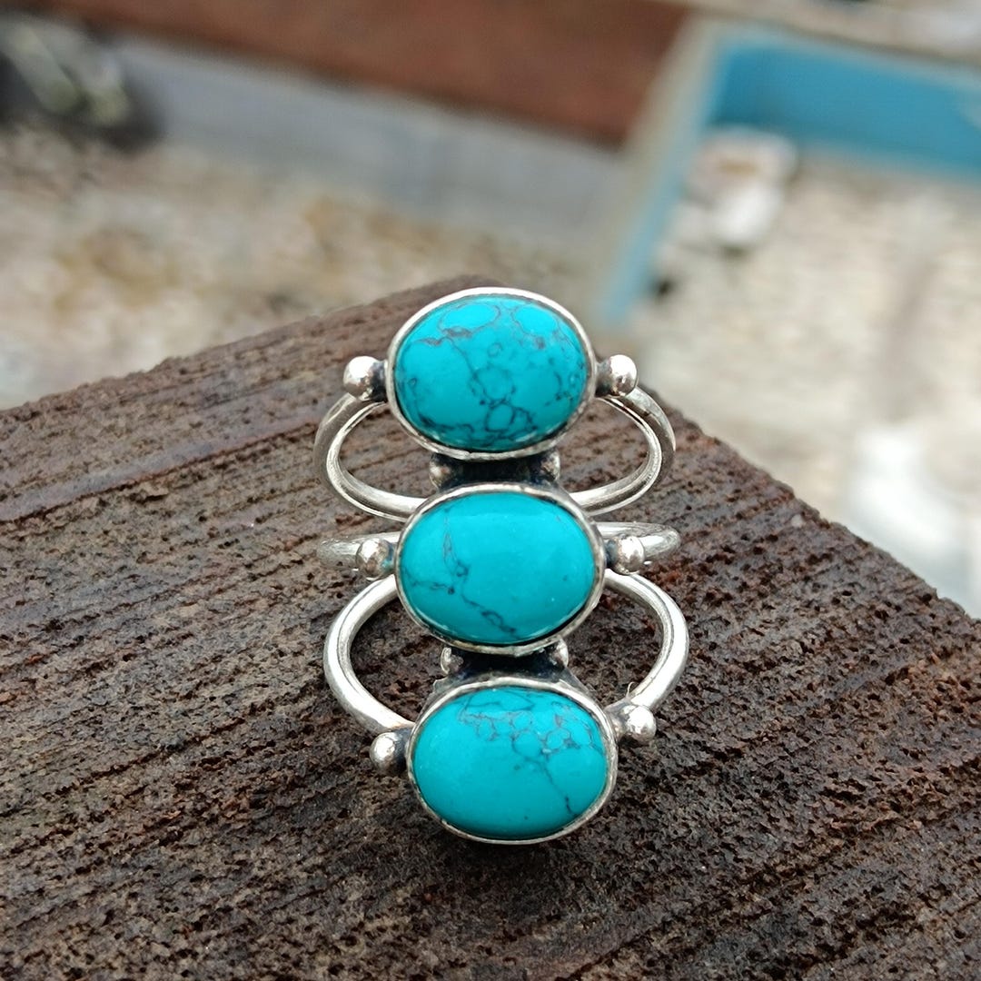 Natural Turquoise Three Stone Ring, Sterling Silver Boho Statement ...