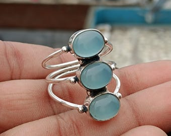 Aqua Chalcedon Edelstein, Statement, handgemachter Schmuck, 925 Sterling Silber, Verlobungsring