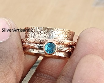 Anillo giratorio de cobre macizo: topacio azul, anillo artesanal para inquietarse.