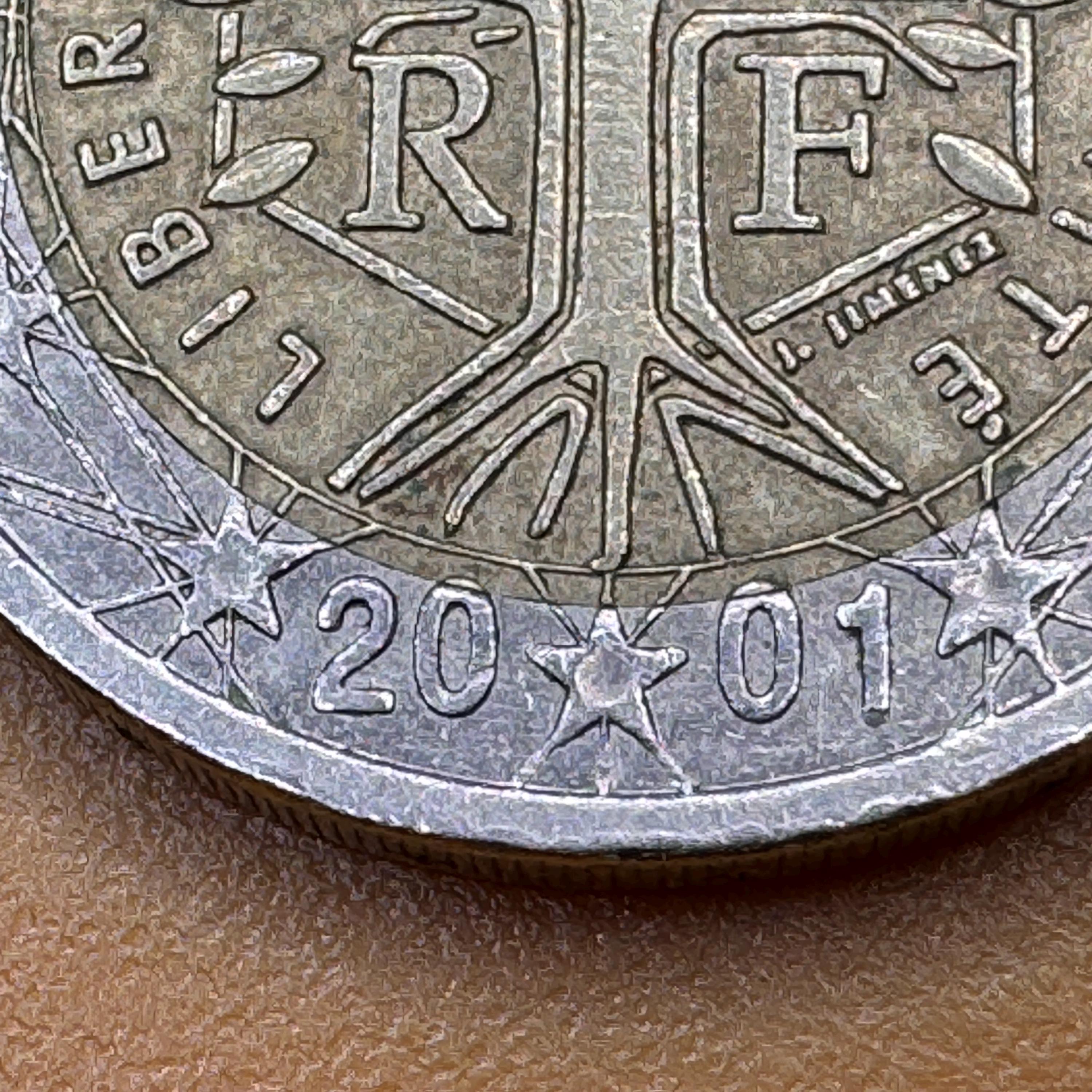 2 ユーロ硬貨、2001 年、フランス、ユニーク ミント エラー #2 あり