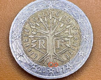 2 ユーロ硬貨、2001 年、フランス、ユニーク ミント エラー #2 あり