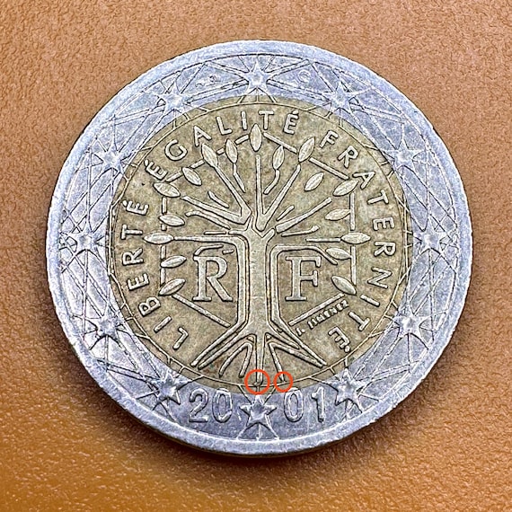 2 ユーロ硬貨、2001 年、フランス、ユニーク ミント エラー #2 あり