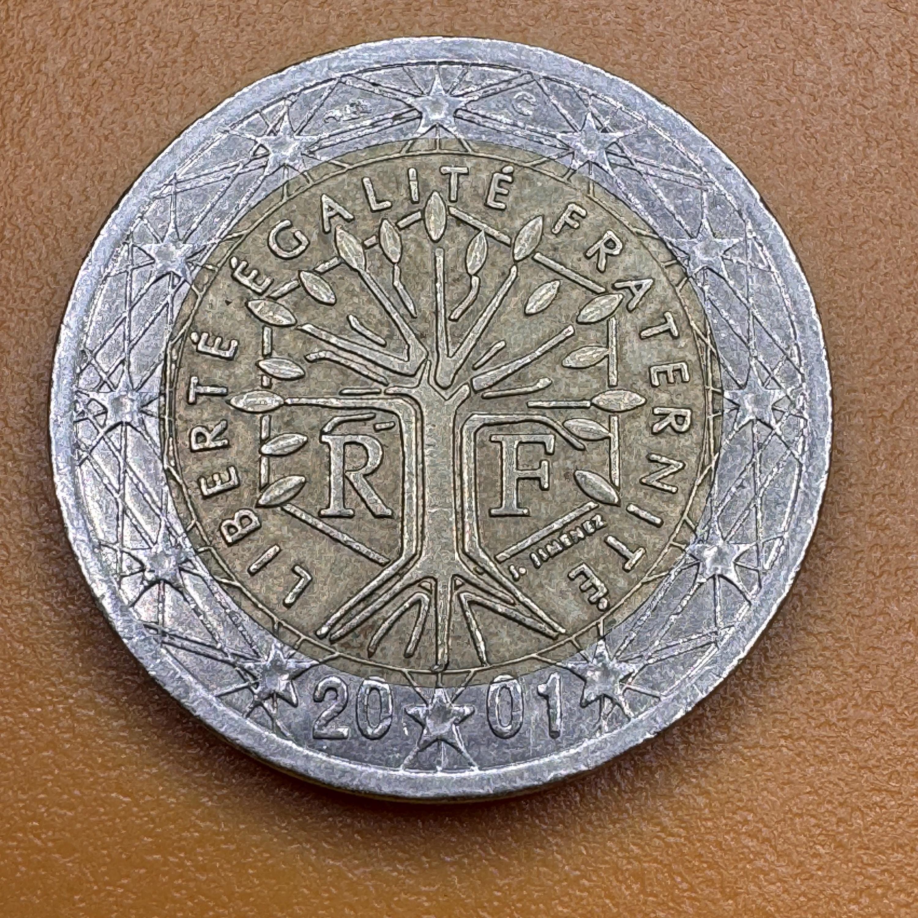 2 ユーロ硬貨、2001 年、フランス、ユニーク ミント エラー #2 あり