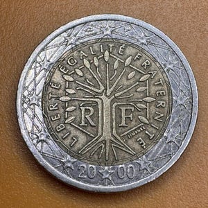 May include: A silver French 20 euro coin with a tree and the words "Liberté, Egalité, Fraternité" and "RF" in the centre.