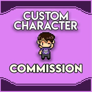 Pode incluir: Ilustração pixelizada em um fundo roxo. A imagem apresenta um pequeno personagem com cabelo castanho e uma camisa roxa. O texto diz "CUSTOM CHARACTER COMMISSION" em letras brancas e em negrito.