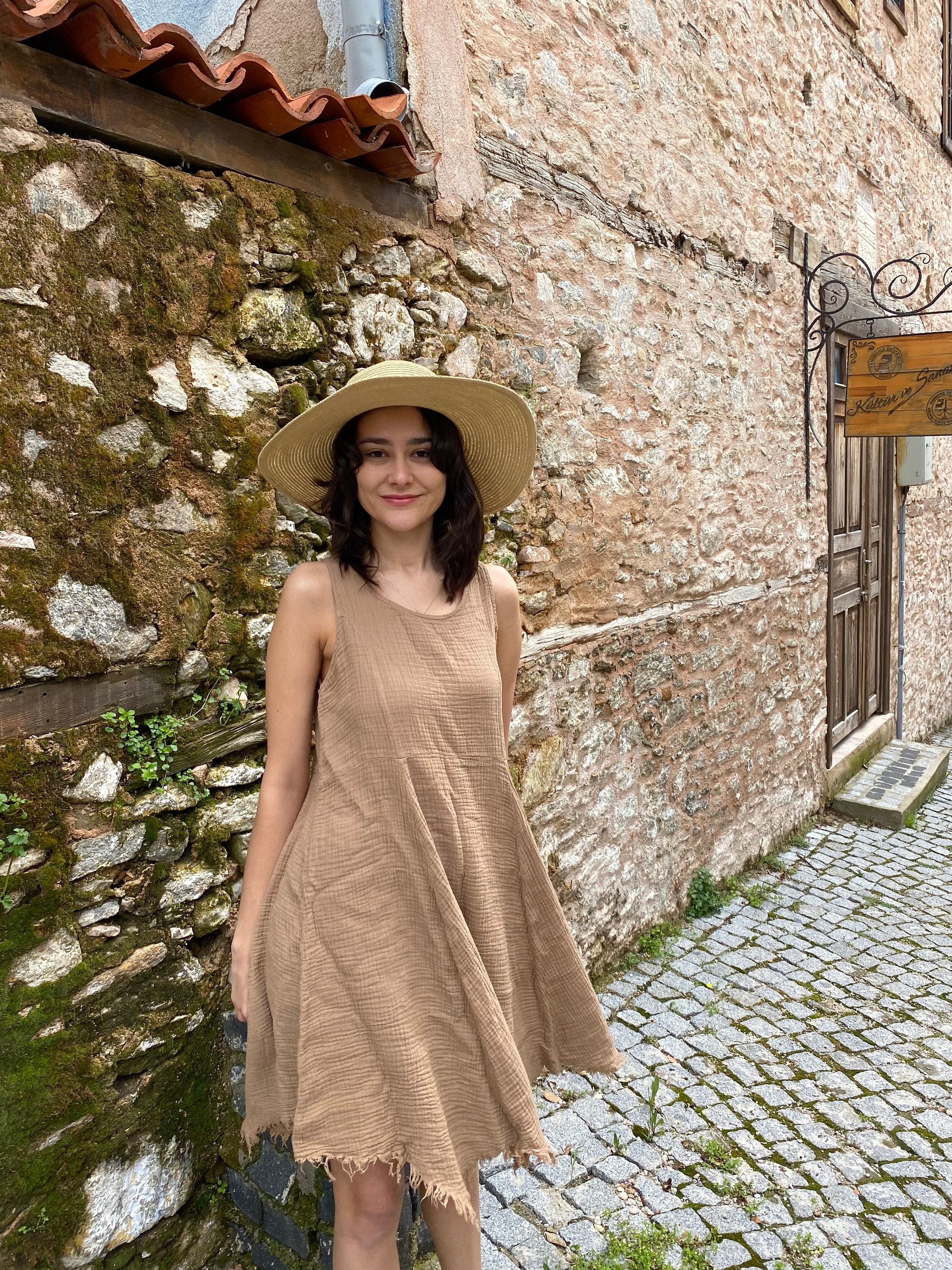 Turkish Organic Cotton, Women Short Dress, Pure Cotton, Natural Fabric, Boho Dress, Brown Dress, Muslin Dress, Halloween Costume