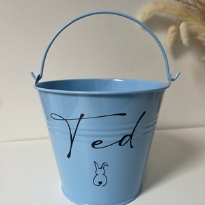 Personalised Easter bucket, Easter basket, Easter gift, Easter egg hunt, mini metal bucket, Easter, personalised blue large bucket cm