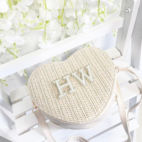 Heart straw bag with Pearl initials, bride to be, hen party, honeymoon, summer, personalised bag