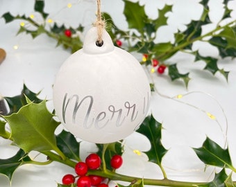 Christmas Bauble ceramic Merry Silver