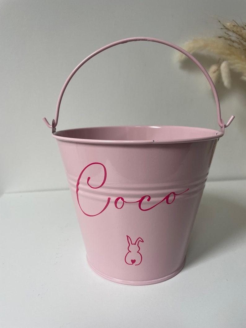 Personalised Easter bucket, Easter basket, Easter gift, Easter egg hunt, mini metal bucket, Easter, personalised pink large bucket cm