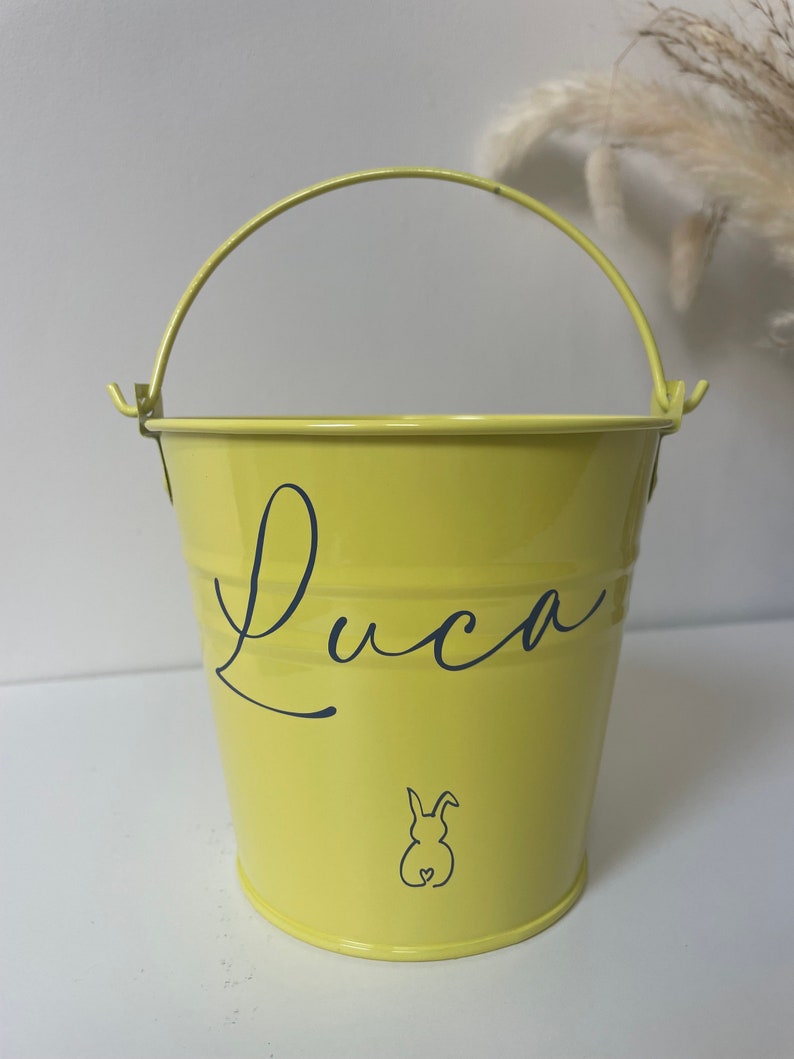 Personalised Easter bucket, Easter basket, Easter gift, Easter egg hunt, mini metal bucket, Easter, personalised yellow large bucket cm