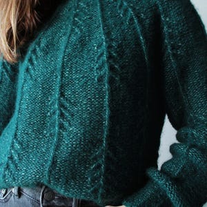 May include: A teal green knit sweater with a textured pattern. The sweater has a crew neck and long sleeves. The person is wearing dark gray jeans. The sweater is made of a soft, fuzzy material.