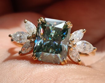 2.50 Carat Blue Moissanite Radiant cut Halo Ring / Fancy Colored Moissanite 14K White Gold Ring / Radiant Cut Engagement Ring For Fiancee