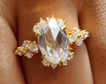 3,67 kt Rose ovaal geslepen Moissanite cluster verlovingsring langwerpige ovale verlovingsring goud Rose Cut art deco voorstel ring verjaardagscadeau