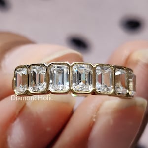 2.72 CTW Emerald Cut Moissanite wedding band Nine Stone Bezel Set Half Eternity Stacking Band Ring, Bridal emerald wedding band For Women