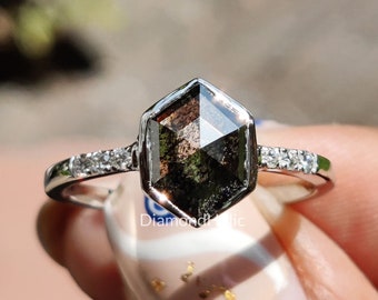 1.52CT Hexagon Salt and Pepper Diamond Bridal Ring, Natural Diamond Anniversary Ring Proposal Handmade Jewelry Halloween Gift Ring For Women