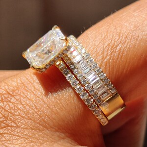 Engagement Ring Set 2.50CT Radiant Moissanite Engagement Ring with Matching Thin Solid Gold Eternity Band Gift for her Bridal Set Ring