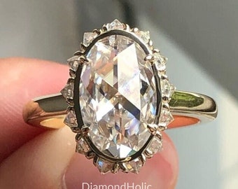 2.76CT Oval Rose Cut Moissanite Engagement Ring, Handmade Solid Yellow Gold Vintage Anniversary Gift Ring, Art Deco Wedding Ring For Women