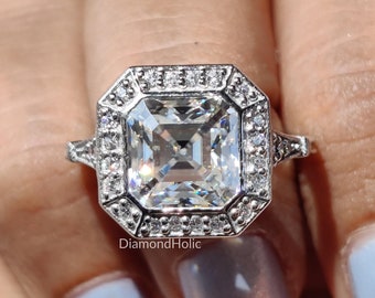 2.50 CT Asscher Cut Moissanite Halo Anniversary Ring- Antique Art Deco Wedding Gift Ring, Vintage Style Dainty Halo Diamond Promise Ring