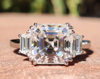 2.50 CT Asscher Cut Three Stone Moissanite Engagement Ring10K/14K/18K White Gold Ring Baguette Ring for Women / Vintage Style Promise Ring