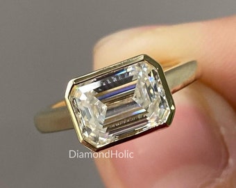 2.00 Ct Emerald Cut Wedding Moissanite Bezel Set Anniversary Gift Ring, Yellow Gold East West Style Ring Engagement Solitaire Ring For Women