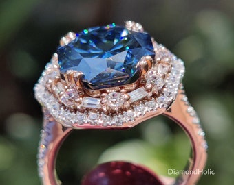 3.02CT Fancy Blue Hexagon Shape Moissanite Ring Vintage Halo Anniversary Gift Ring Cluster Handmade Ring For Women Unique Birthday Gift Ring