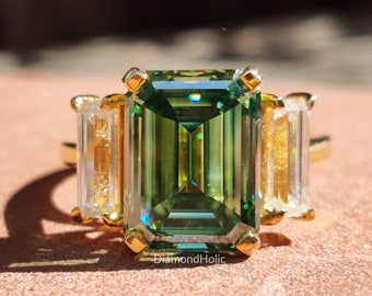 Green Emerald Moissanite Ring, 8.32 CT Emerald Cut Green Moissanite Three Stone Engagement Ring, Baguette Cut Side Stone, Proposal Ring