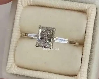 Radiant Cut Three Stone Ring, 1.70 CT Radiant Cut Colorless Moissanite Engagement Ring, Side Tapered Baguette Cut, Proposal Anniversary Gift
