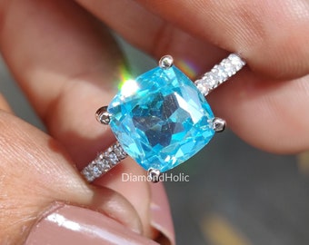 2.50 TW Cushion Cut Aquamarine Diamond Engagement Ring Pave Bridge Setting Wedding Gift For Her Promise Ring Christmas Gift Ring For Women