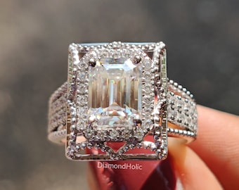 Anillo de compromiso Forever One de moissanita con halo de talla esmeralda de 1,50 quilates con diamantes redondos a los lados, anillo de boda nupcial clásico y tradicional.