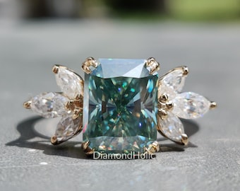 2.30 CT Radiant Cut Blue Green Moissanite Anniversary Ring, With Marquise Cut Diamond Dainty Style Engagement Ring, Wedding Gift For Love