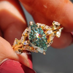 Vintage 2.05 CT Marquise Cut Moissanite Engagement Ring, Blue Green Moissanite Diamond Ring Solitaire Marquise Wedding Ring Marquise Promise