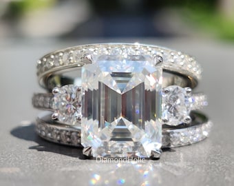 3.20 Ct Emerald Cut Moissanite Engagement Gift Ring Set, With Delicate Pave Wedding Band, Vintage Style Anniversary Ring Bridal Set Ring