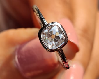 0.60CT OEC Cushion Moissanite Bezel Set Engagement Ring Colorless Minimalist Wedding Gift Cushion Solitaire Anniversary Promise Ring For Her