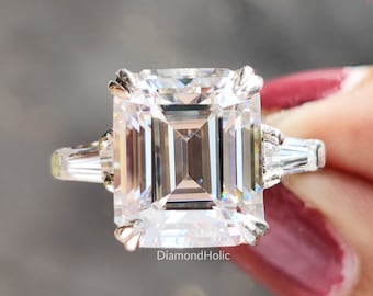 Vintage 4.00 Ct Emerald Cut Moissanite Three Stone Ring With Side Tapered Baguette Cut Wedding Anniversary Ring Proposal Gift Ring For Women