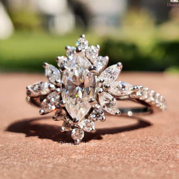 Vintage Style Marquise Cut Diamond Moissanite Engagement Ring, 14K Gold Unique Wedding Ring