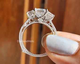 1.16 CT Princess Cut Diamond Engagement Ring, 14K White Gold Triple Stone Wedding Ring Unique Anniversary Gift Ring For Women, Filigree Ring