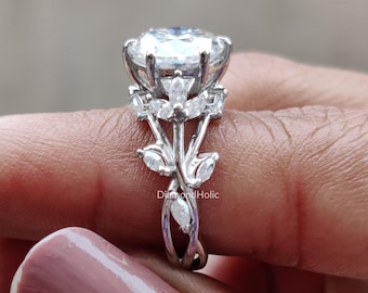 Vintage 2.26 CT Round Cut Moissanite Engagement Ring, Vintage Moissanite Diamond Ring, Solitaire Marquise Wedding Ring, Marquise Promise