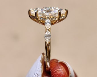 Marquise-Moissanit-Verlobungsring, 14K-Gold-Jubiläumsgeschenkring, Fünf-Stein-Verlobungsring für Sie, versteckter Halo-Marquise-Antragsring