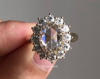 2.85CT Rose Cut Oval Cut Moissanite Engagement Ring, Unique Cluster Anniversary Gift Ring For Women, Vintage Gold/Silver Proposal Gift Ring