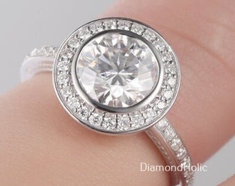 1.65 TCW Round Cut Colorless Moissanite Bezel Set Halo Engagement Ring, Pave Set Wedding Ring Round Cut Ring Bridal Ring Set Anniversary