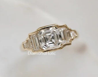 1.53 CT Asscher Cut Colorless Moissanite Bezel Set Wedding Ring, Baguette Side Stone Bezel Engagement Ring for Women, Anniversary women Ring