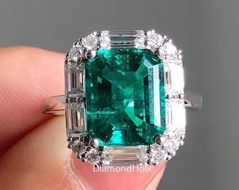 2.89 CT Emerald Cut Green natural simulated Diamond Engagement Baguette and Round Cut Halo Wedding Ring, Anniversary/Birthday Gift ring
