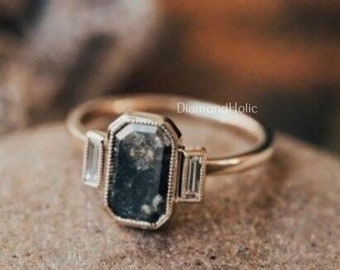 1.35CT Radiant Cut Natural Salt and Pepper Diamond Three Stone Engagement Ring, Bezel Milgrain Wedding Ring, Solid White Gold Diamond Ring