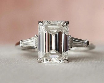 Emerald Cut Three Stone Ring, 3.03 CT Emerald Cut Colorless Moissanite Engagement Ring, Side Tapered Baguette Cut, Proposal Anniversary Gift